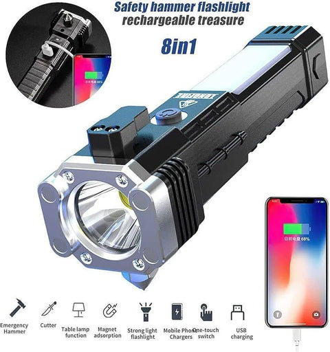 Powerful Rechargeable Hammer LED Flashlight | Ultra-Bright Torch with Car Emergency Window Breaker, Cutter & Essential Survival Tool