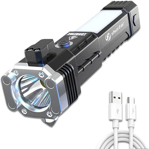 Powerful Rechargeable Hammer LED Flashlight | Ultra-Bright Torch with Car Emergency Window Breaker, Cutter & Essential Survival Tool