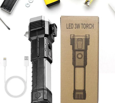 Powerful Rechargeable Hammer LED Flashlight | Ultra-Bright Torch with Car Emergency Window Breaker, Cutter & Essential Survival Tool